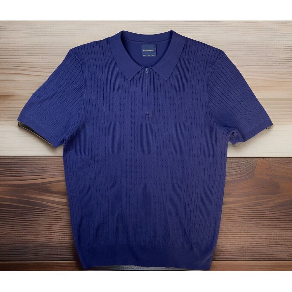 Stitches & Rivets Polo Men Sz L Cable Knit Short Sleeve Short Sleeve 1/4 Zip